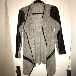 Grey/silver cardigan with black faux leather